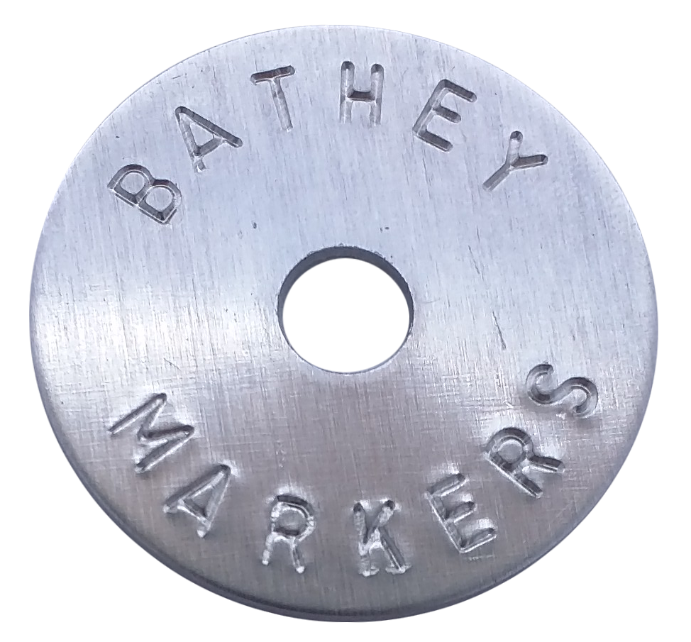 1 1/4" Aluminum Disc - Stamped Arc Text 1/16" Thick - Click Image to Close