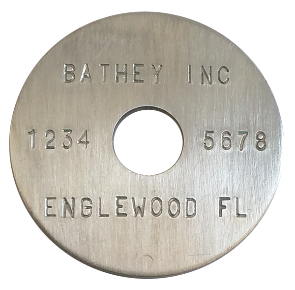 1 1/2" Aluminum Disc - Stamped Straight Text 1/16" Thick