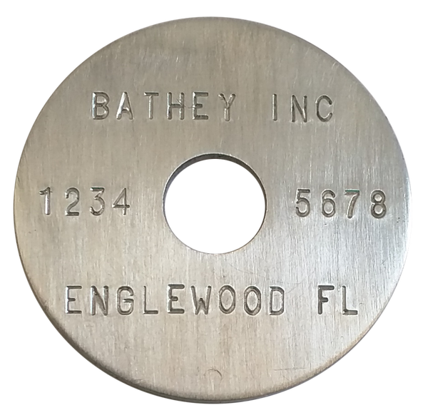 1 1/2" Aluminum Disc - Stamped Straight Text 1/16" Thick - Click Image to Close