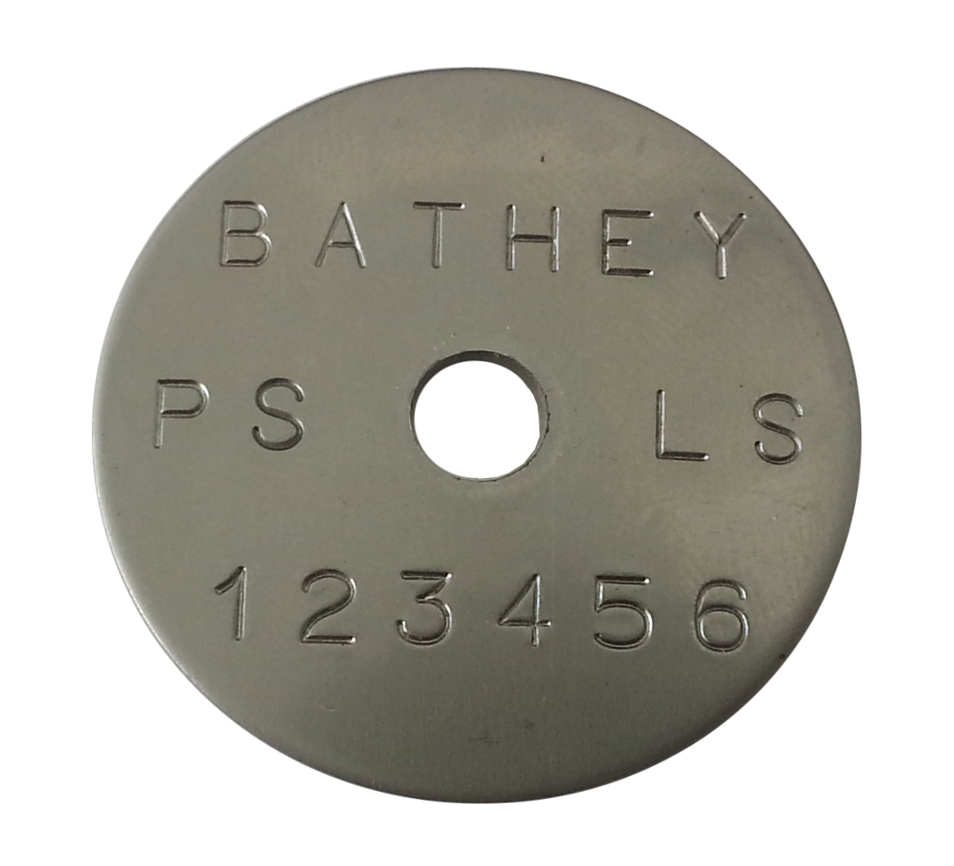 1 1/4" Stainless Steel Tag - Stamped Straight Text 1/32" Thick - Click Image to Close